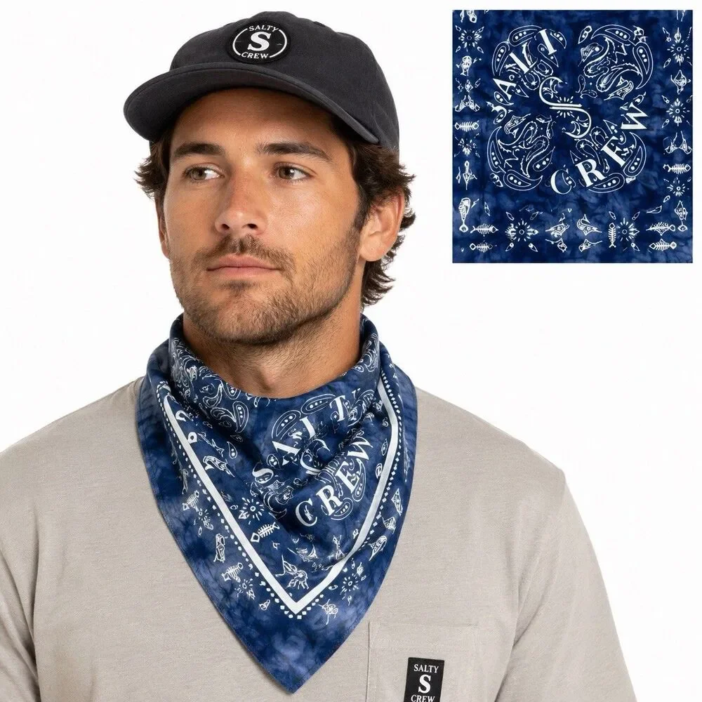 Salty Crew Fish Print Tippet Men’s Bandana Scarf Navy White Tie Die 22”x22” NWT